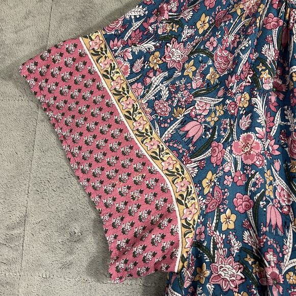 Cynthia Rowley Blouse Women's 1X Soft Floral Pink Blue Boho Tassels Peasant - Picture 3 of 10